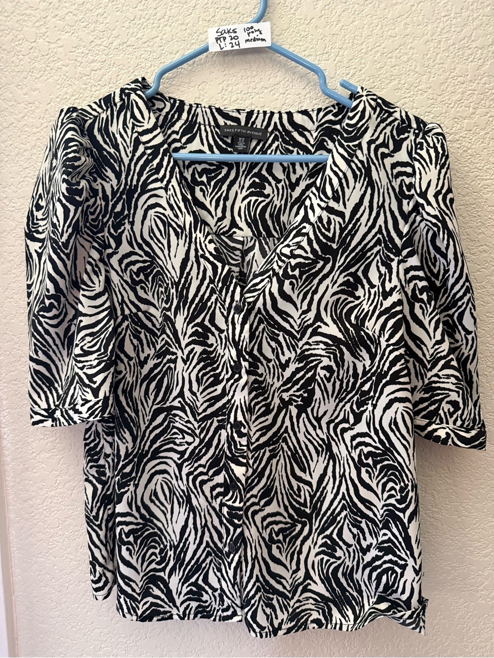 Saks Fifth Avenue Black and White Zebra Print Button-Front Blouse